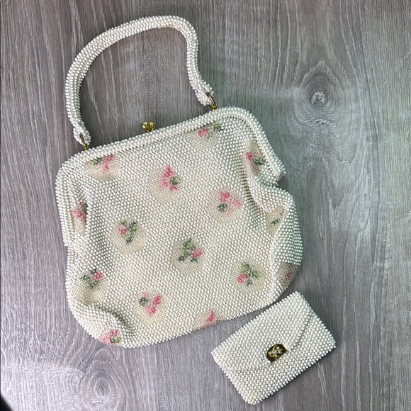 lumured Handbags - Cream and Pink Floral Clutch with Metal Zipper